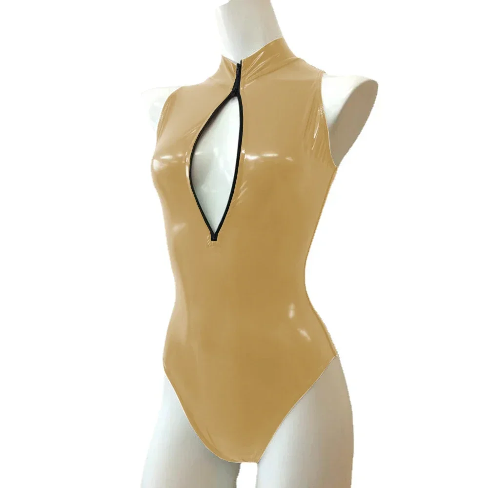 Mono Sexy con cremallera frontal y cuello alto, sin mangas, ajustado, de cuero de PVC brillante, monos para mujer, mono de baile en barra de talla grande