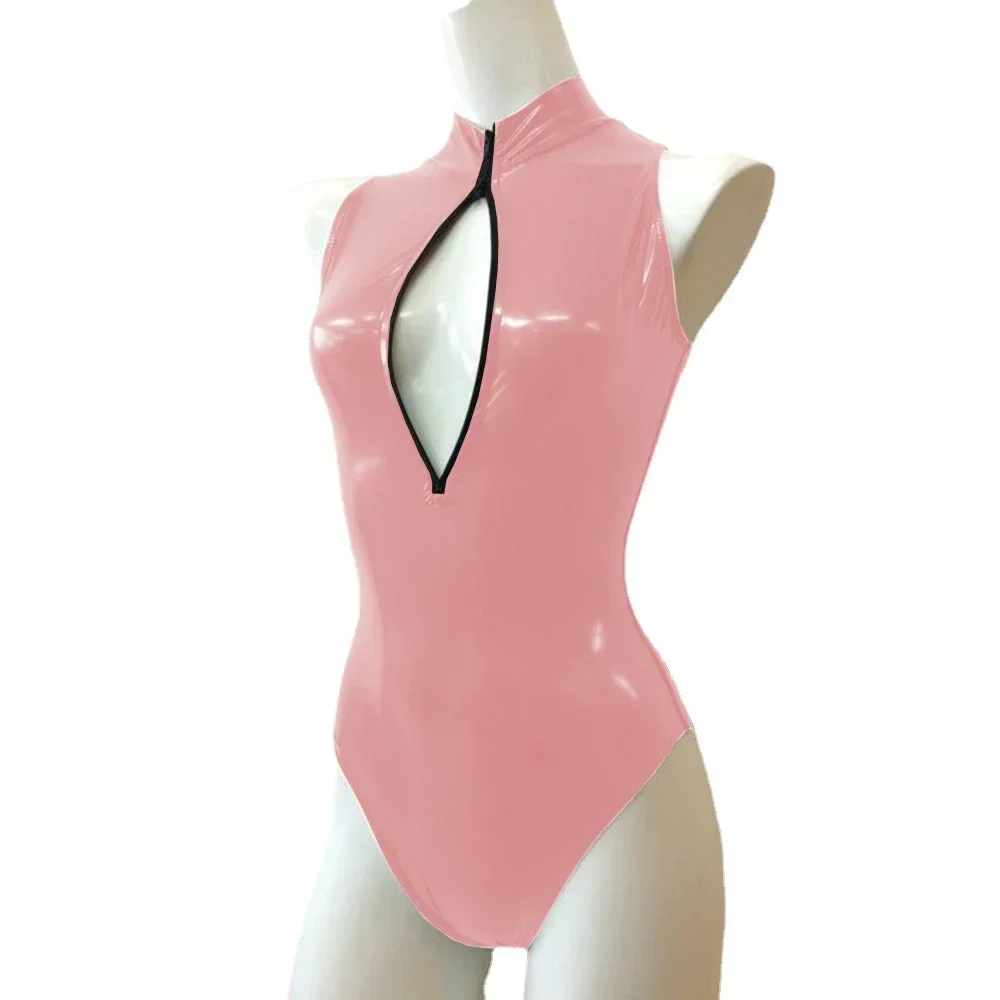 Mono Sexy con cremallera frontal y cuello alto, sin mangas, ajustado, de cuero de PVC brillante, monos para mujer, mono de baile en barra de talla grande