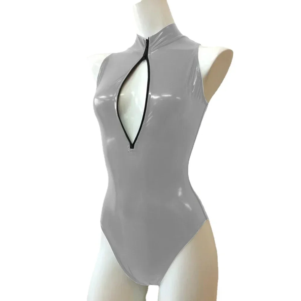 Mono Sexy con cremallera frontal y cuello alto, sin mangas, ajustado, de cuero de PVC brillante, monos para mujer, mono de baile en barra de talla grande