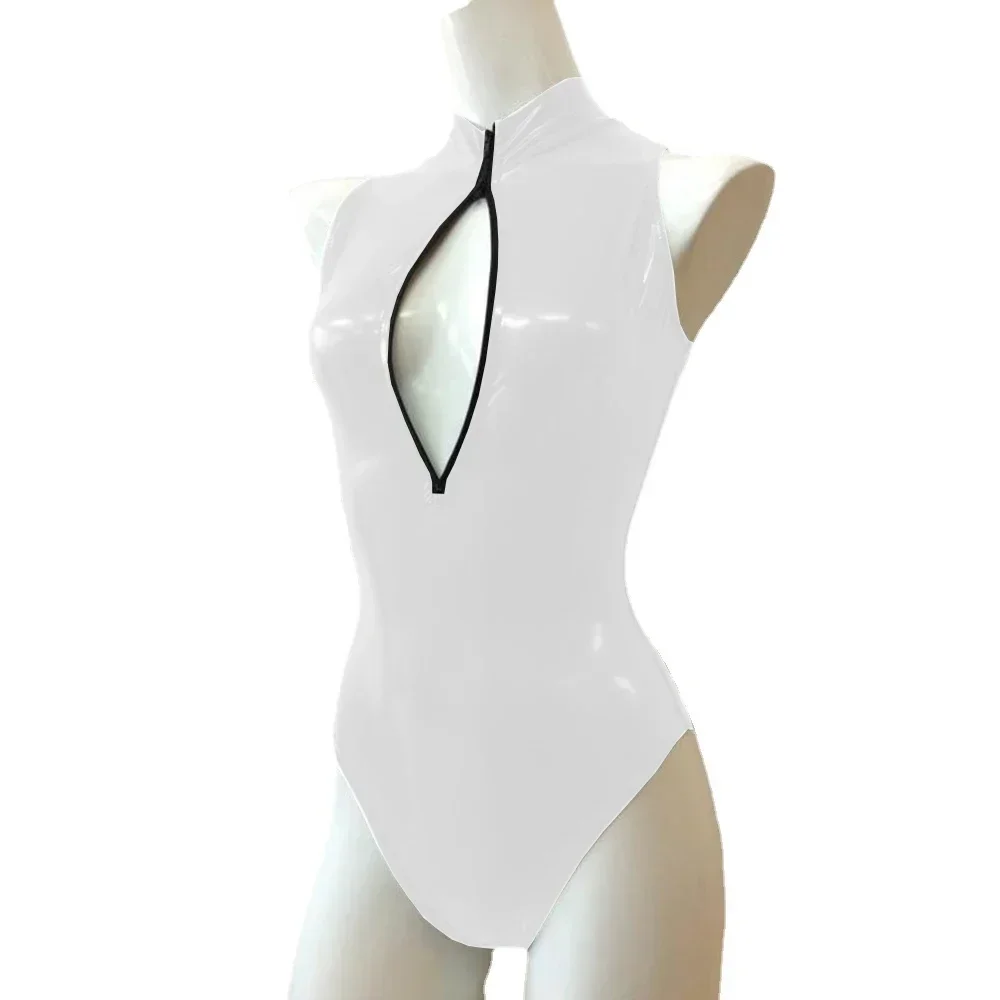 Mono Sexy con cremallera frontal y cuello alto, sin mangas, ajustado, de cuero de PVC brillante, monos para mujer, mono de baile en barra de talla grande