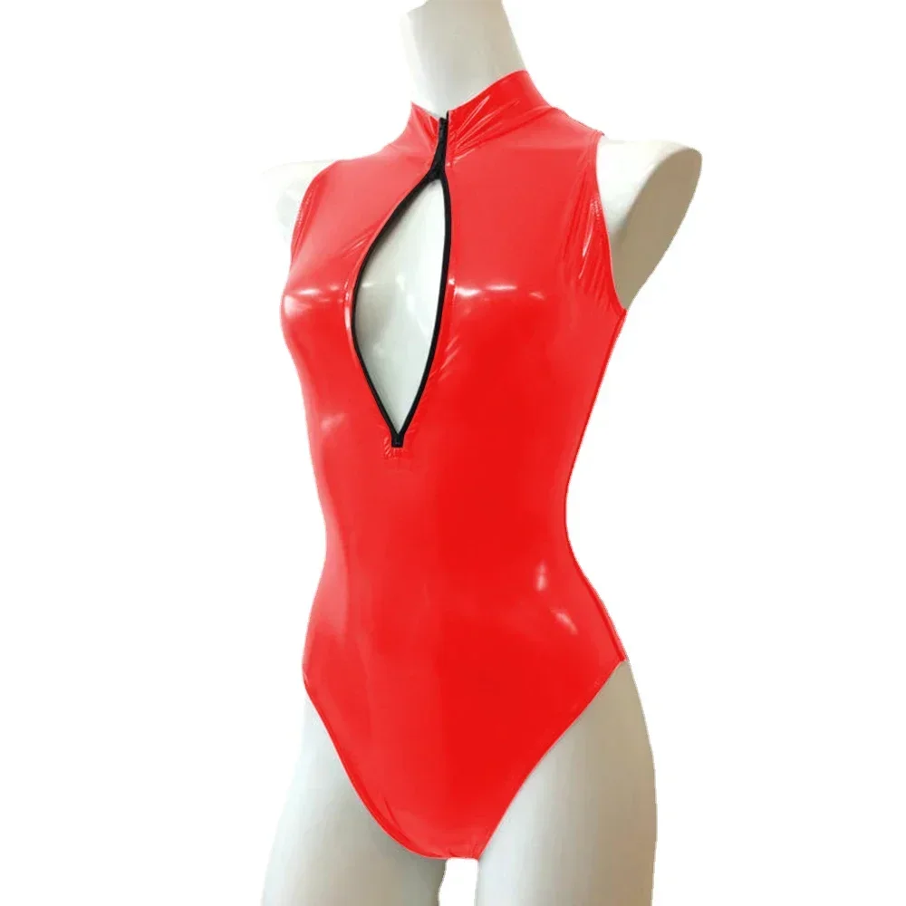 Mono Sexy con cremallera frontal y cuello alto, sin mangas, ajustado, de cuero de PVC brillante, monos para mujer, mono de baile en barra de talla grande