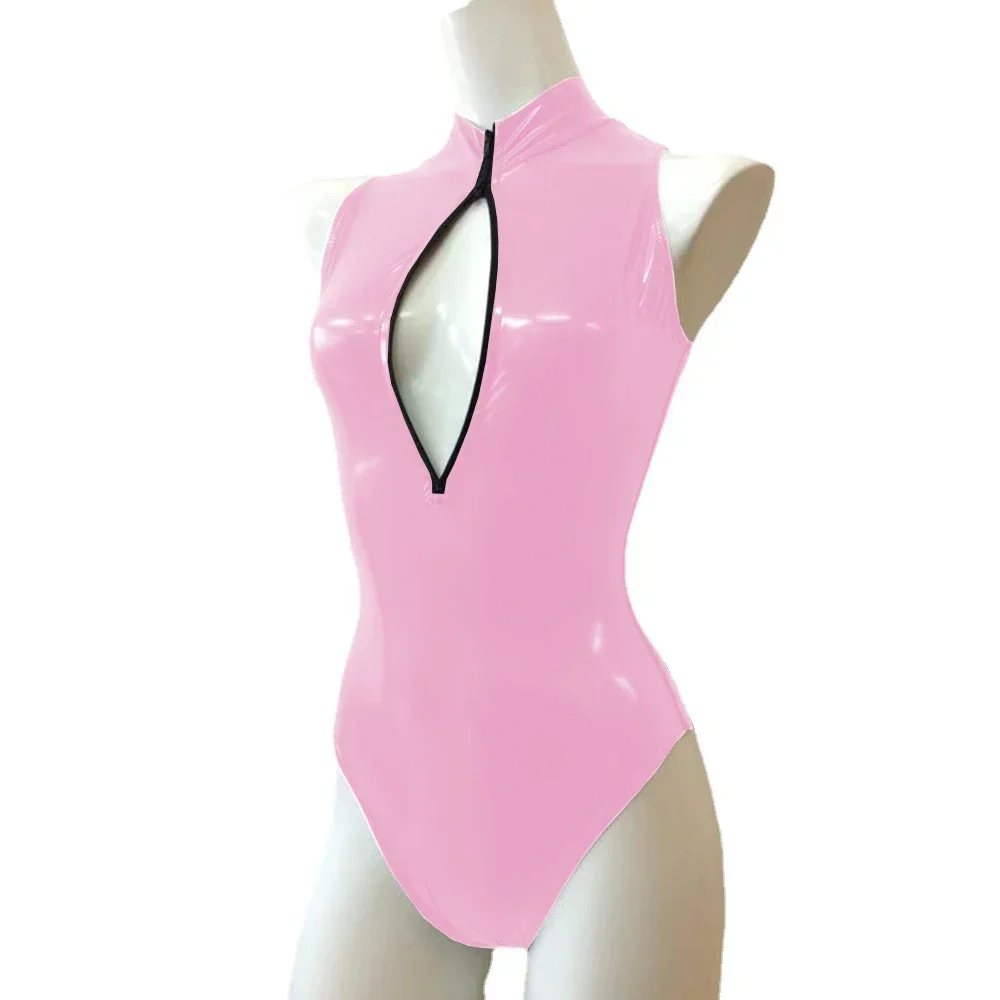 Mono Sexy con cremallera frontal y cuello alto, sin mangas, ajustado, de cuero de PVC brillante, monos para mujer, mono de baile en barra de talla grande
