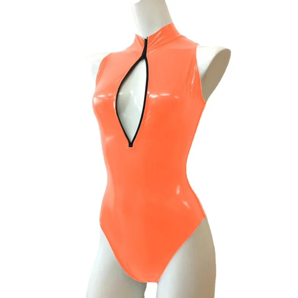Mono Sexy con cremallera frontal y cuello alto, sin mangas, ajustado, de cuero de PVC brillante, monos para mujer, mono de baile en barra de talla grande
