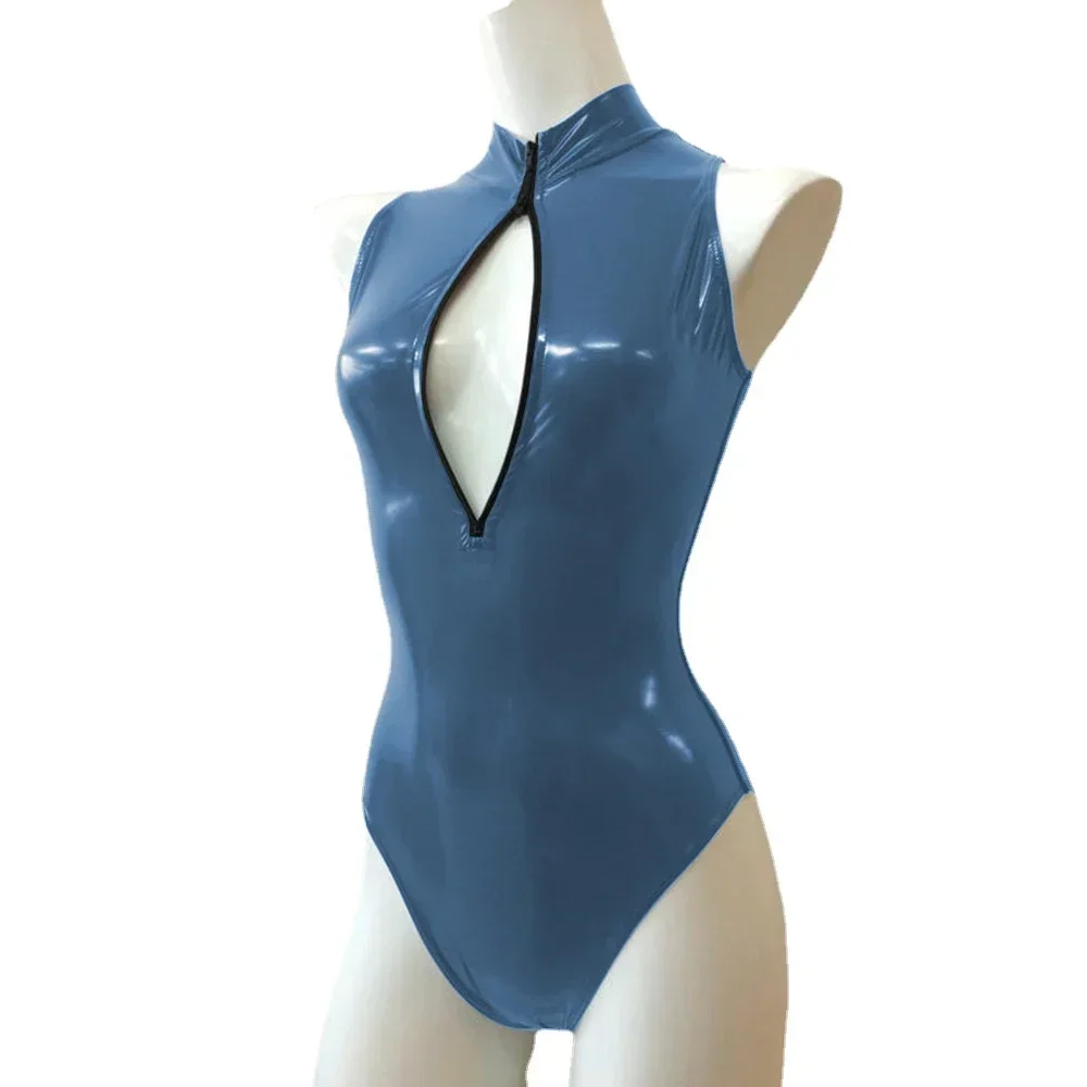 Mono Sexy con cremallera frontal y cuello alto, sin mangas, ajustado, de cuero de PVC brillante, monos para mujer, mono de baile en barra de talla grande