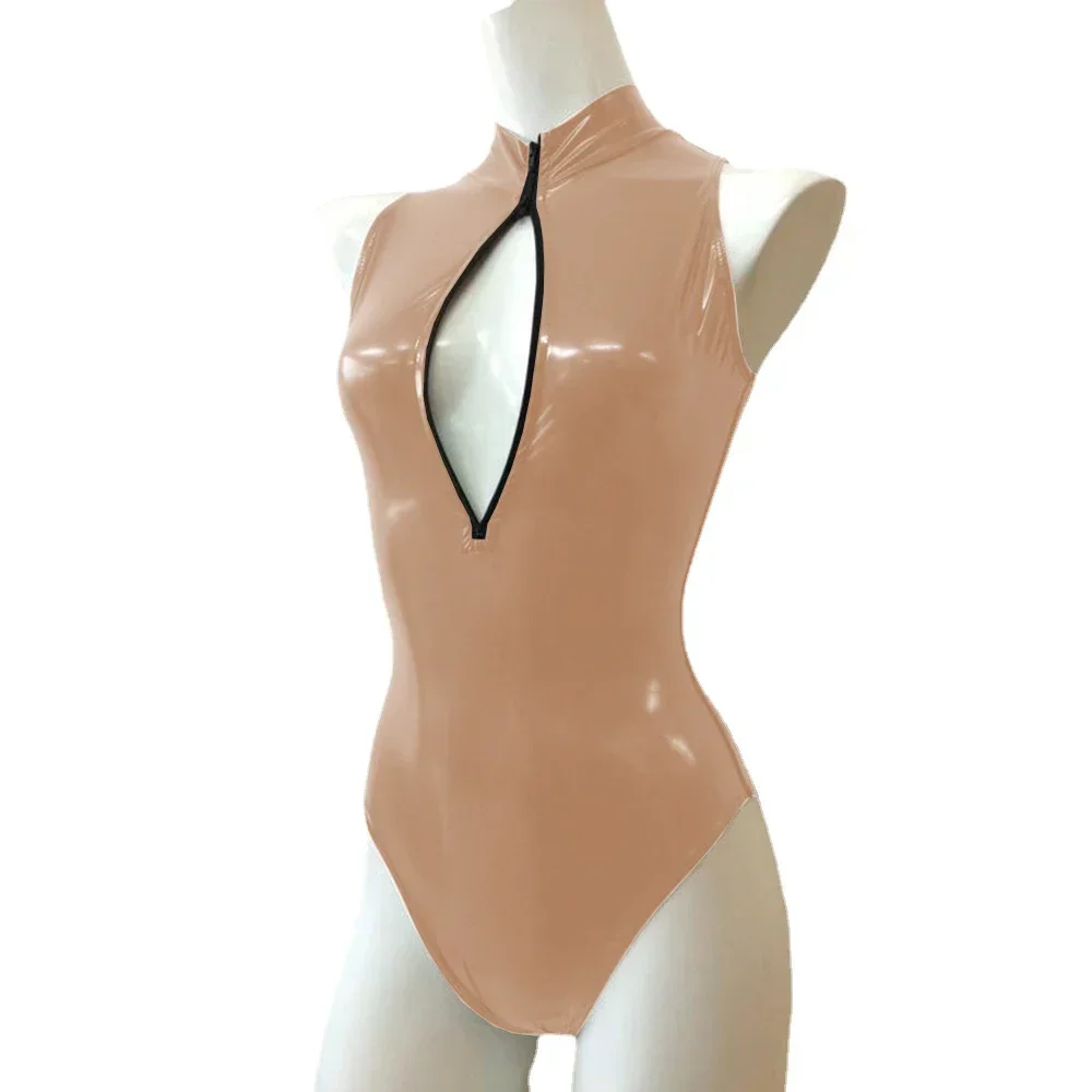 Mono Sexy con cremallera frontal y cuello alto, sin mangas, ajustado, de cuero de PVC brillante, monos para mujer, mono de baile en barra de talla grande