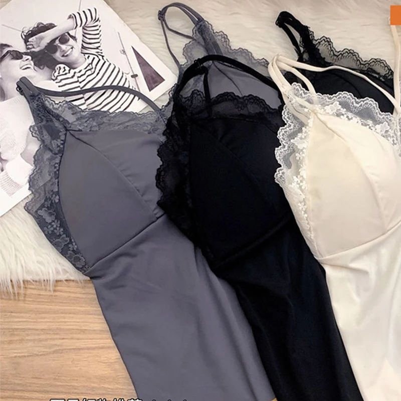 1 unidad de camisola interior de encaje para mujer con tirantes, con relleno, sexy, sin mangas, de seda helada
