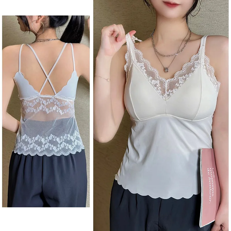 1 unidad de camisola interior de encaje para mujer con tirantes, con relleno, sexy, sin mangas, de seda helada