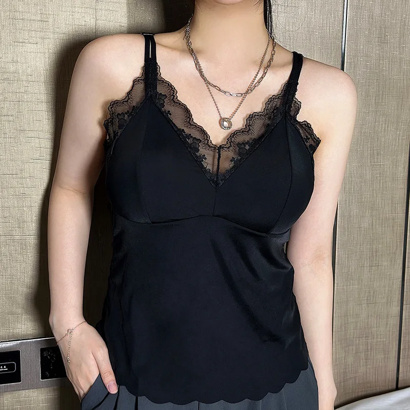 1 unidad de camisola interior de encaje para mujer con tirantes, con relleno, sexy, sin mangas, de seda helada