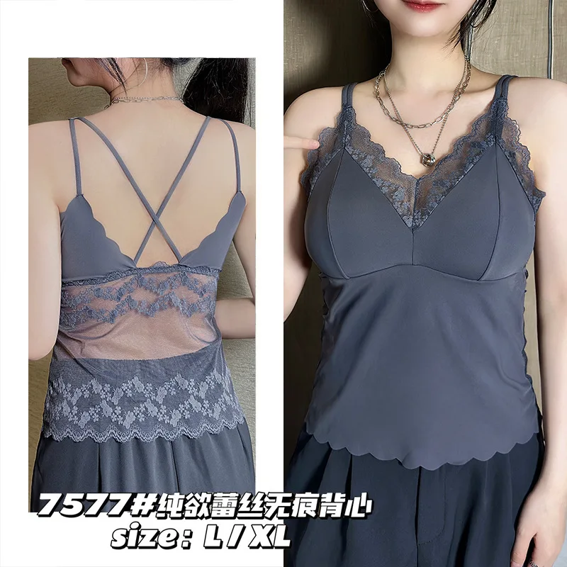1 unidad de camisola interior de encaje para mujer con tirantes, con relleno, sexy, sin mangas, de seda helada
