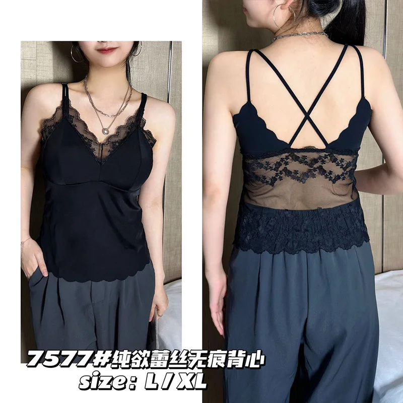 1 unidad de camisola interior de encaje para mujer con tirantes, con relleno, sexy, sin mangas, de seda helada