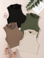 Camiseta sin mangas de corte corto con cuello alto y diseño acanalado para mujer. - Imagen 5