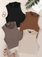 Camiseta sin mangas de corte corto con cuello alto y diseño acanalado para mujer. - Imagen 3