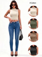 Camiseta sin mangas de corte corto con cuello alto y diseño acanalado para mujer. - Imagen 6