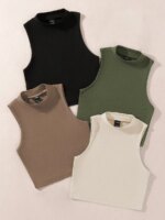 Camiseta sin mangas de corte corto con cuello alto y diseño acanalado para mujer. - Imagen 2