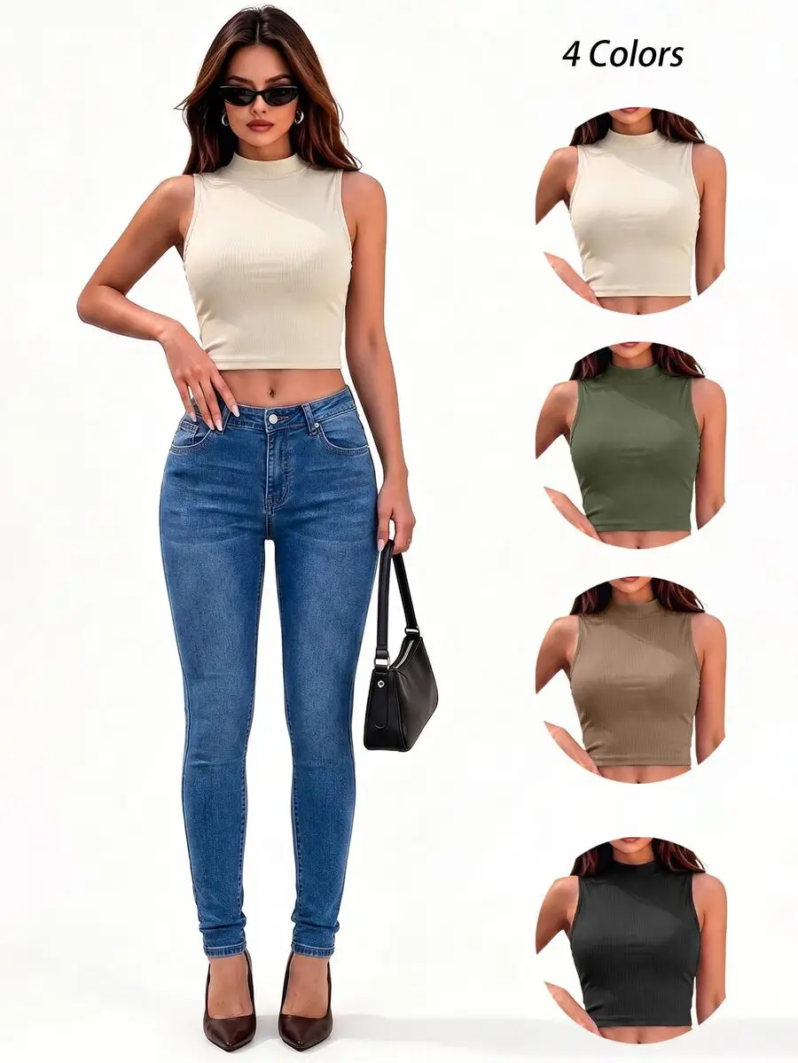 Camiseta sin mangas de corte corto con cuello alto y diseño acanalado para mujer. Camiseta sin mangas de corte corto con cuello alto y diseño acanalado para mujer.