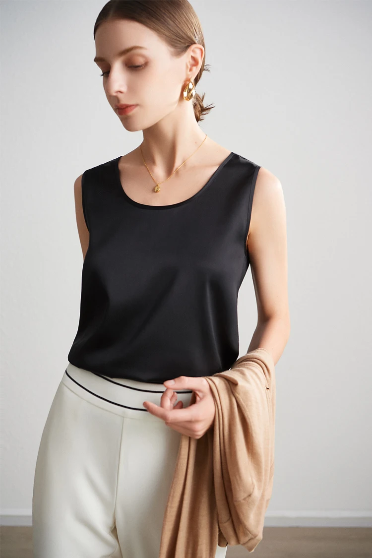 Sueño de agua. Camisetas sin mangas básicas y cómodas para mujer, 100 % seda auténtica, camiseta elegante sin mangas con cuello redondo, chalecos de verano lisos 2025, blanco, rosa, beige