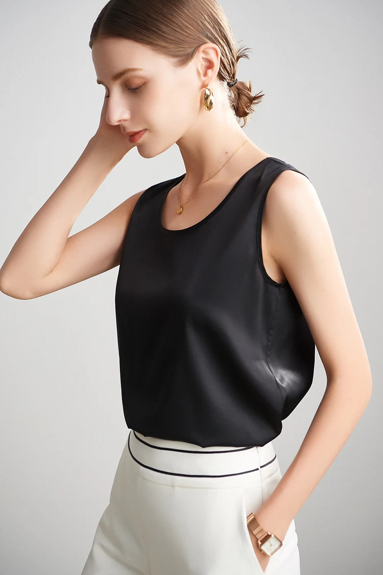 Sueño de agua. Camisetas sin mangas básicas y cómodas para mujer, 100 % seda auténtica, camiseta elegante sin mangas con cuello redondo, chalecos de verano lisos 2025, blanco, rosa, beige