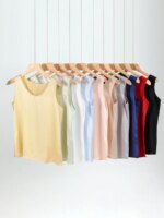 Sueño de agua. Camisetas sin mangas básicas y cómodas para mujer, 100 % seda auténtica, camiseta elegante sin mangas con cuello redondo, chalecos de verano lisos 2025, blanco, rosa, beige - Imagen 5