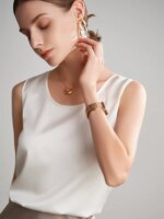 Sueño de agua. Camisetas sin mangas básicas y cómodas para mujer, 100 % seda auténtica, camiseta elegante sin mangas con cuello redondo, chalecos de verano lisos 2025, blanco, rosa, beige - Imagen 2
