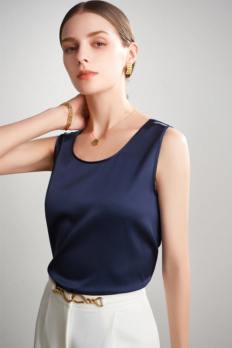 Sueño de agua. Camisetas sin mangas básicas y cómodas para mujer, 100 % seda auténtica, camiseta elegante sin mangas con cuello redondo, chalecos de verano lisos 2025, blanco, rosa, beige