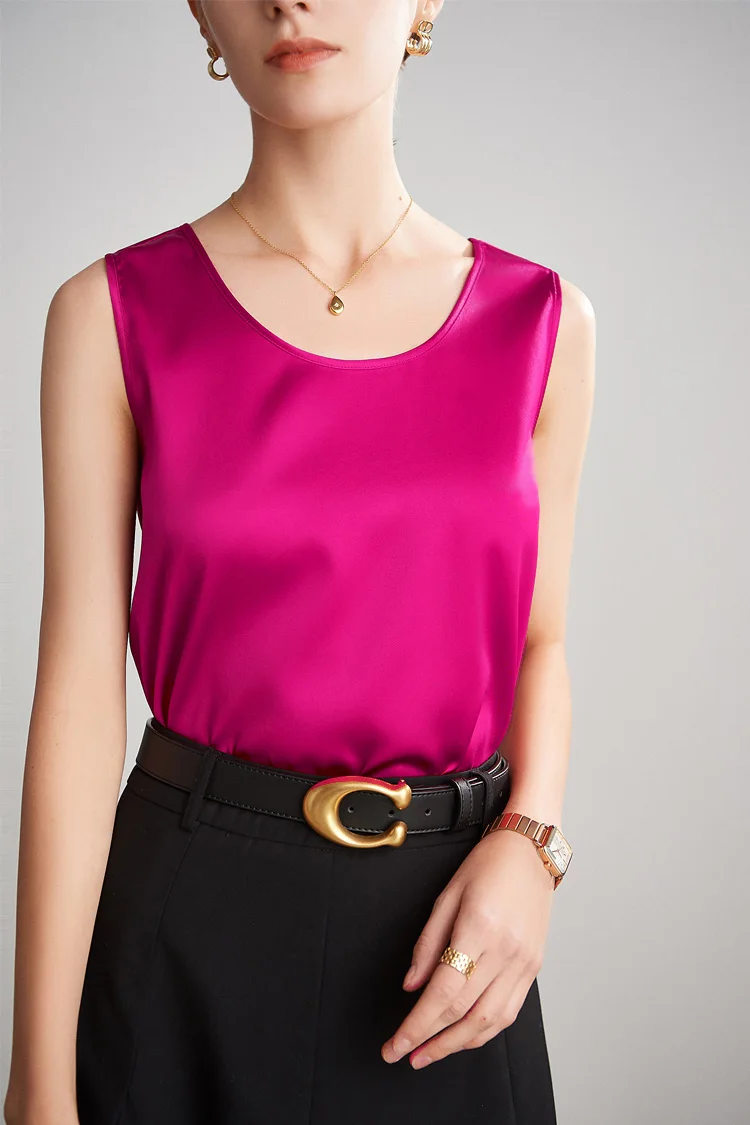 Sueño de agua. Camisetas sin mangas básicas y cómodas para mujer, 100 % seda auténtica, camiseta elegante sin mangas con cuello redondo, chalecos de verano lisos 2025, blanco, rosa, beige