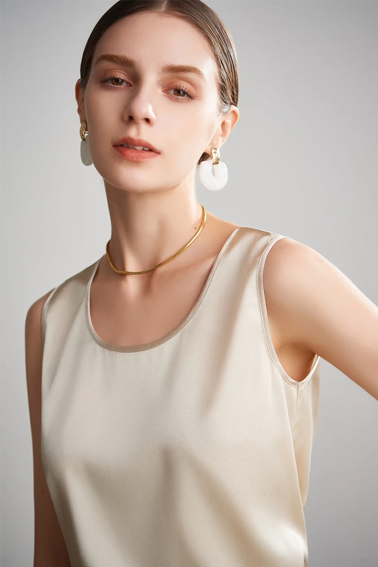 Sueño de agua. Camisetas sin mangas básicas y cómodas para mujer, 100 % seda auténtica, camiseta elegante sin mangas con cuello redondo, chalecos de verano lisos 2025, blanco, rosa, beige