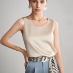 Sueño de agua. Camisetas sin mangas básicas y cómodas para mujer, 100 % seda auténtica, camiseta elegante sin mangas con cuello redondo, chalecos de verano lisos 2025, blanco, rosa, beige