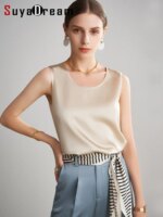 Sueño de agua. Camisetas sin mangas básicas y cómodas para mujer, 100 % seda auténtica, camiseta elegante sin mangas con cuello redondo, chalecos de verano lisos 2025, blanco, rosa, beige