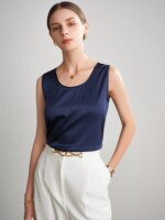 Sueño de agua. Camisetas sin mangas básicas y cómodas para mujer, 100 % seda auténtica, camiseta elegante sin mangas con cuello redondo, chalecos de verano lisos 2025, blanco, rosa, beige - Imagen 3