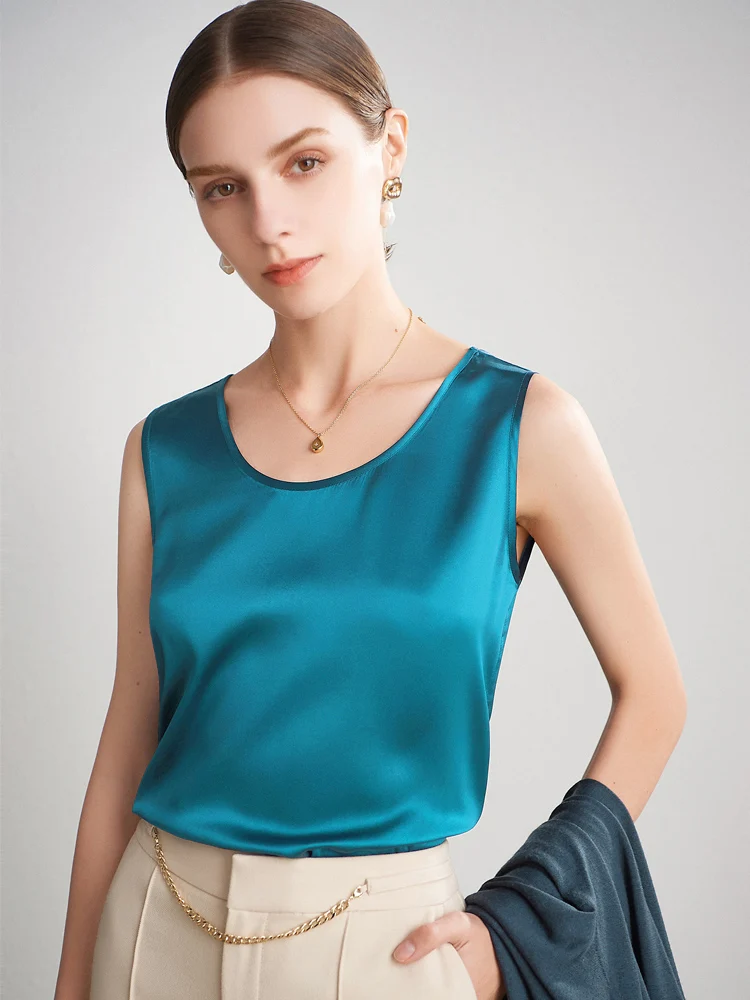 Sueño de agua. Camisetas sin mangas básicas y cómodas para mujer, 100 % seda auténtica, camiseta elegante sin mangas con cuello redondo, chalecos de verano lisos 2025, blanco, rosa, beige