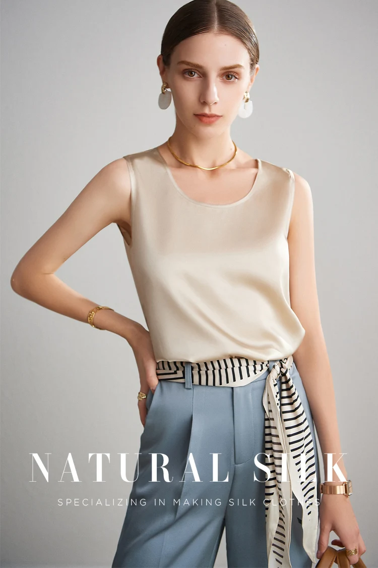 Sueño de agua. Camisetas sin mangas básicas y cómodas para mujer, 100 % seda auténtica, camiseta elegante sin mangas con cuello redondo, chalecos de verano lisos 2025, blanco, rosa, beige