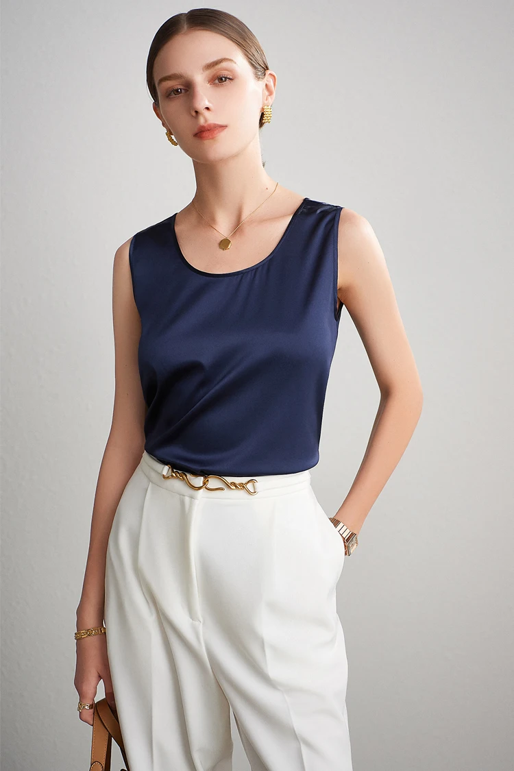 Sueño de agua. Camisetas sin mangas básicas y cómodas para mujer, 100 % seda auténtica, camiseta elegante sin mangas con cuello redondo, chalecos de verano lisos 2025, blanco, rosa, beige