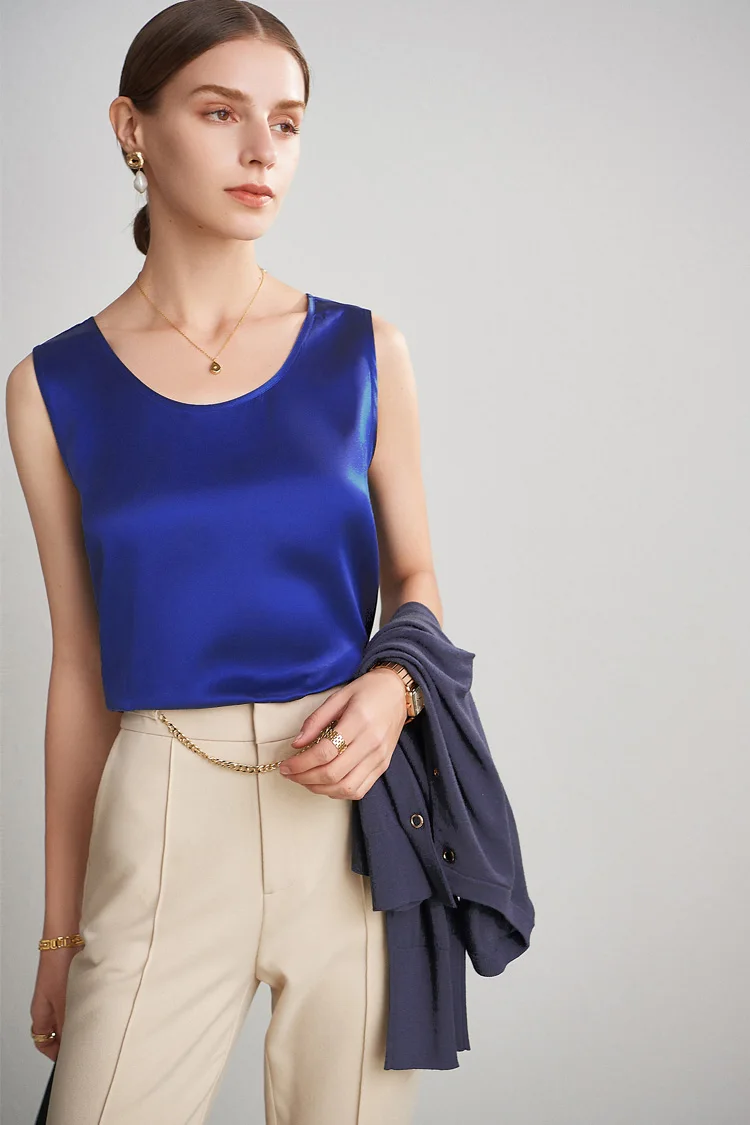 Sueño de agua. Camisetas sin mangas básicas y cómodas para mujer, 100 % seda auténtica, camiseta elegante sin mangas con cuello redondo, chalecos de verano lisos 2025, blanco, rosa, beige
