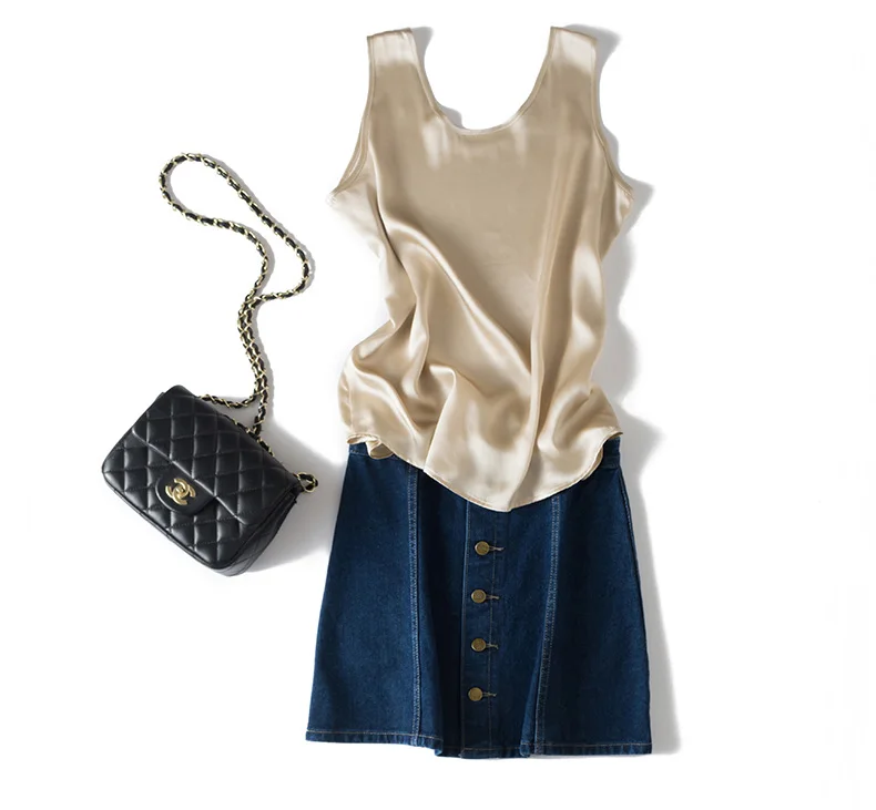 Sueño de agua. Camisetas sin mangas básicas y cómodas para mujer, 100 % seda auténtica, camiseta elegante sin mangas con cuello redondo, chalecos de verano lisos 2025, blanco, rosa, beige