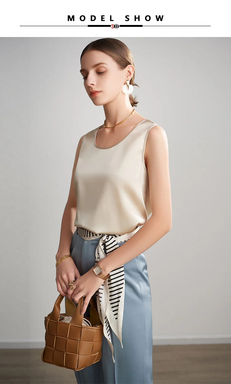 Sueño de agua. Camisetas sin mangas básicas y cómodas para mujer, 100 % seda auténtica, camiseta elegante sin mangas con cuello redondo, chalecos de verano lisos 2025, blanco, rosa, beige