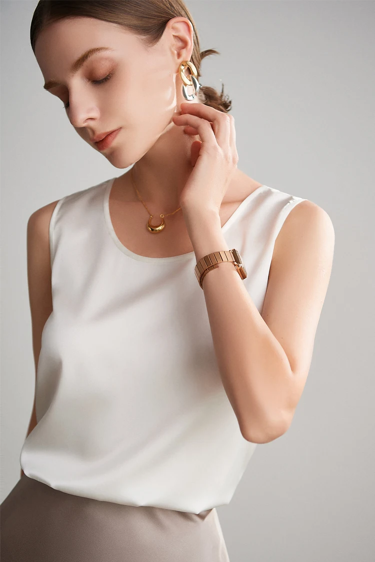 Sueño de agua. Camisetas sin mangas básicas y cómodas para mujer, 100 % seda auténtica, camiseta elegante sin mangas con cuello redondo, chalecos de verano lisos 2025, blanco, rosa, beige
