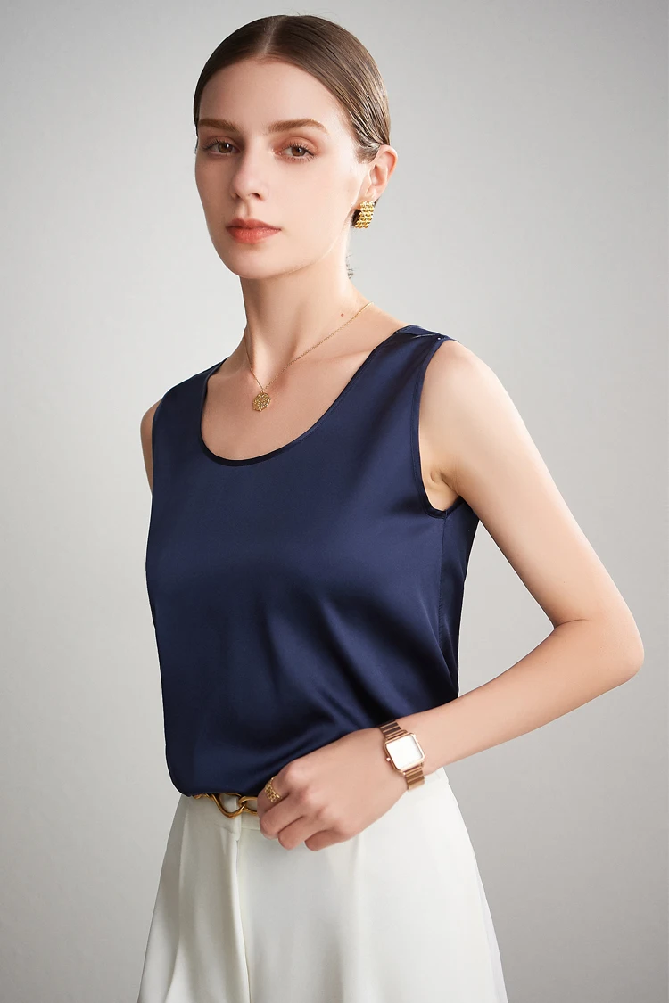 Sueño de agua. Camisetas sin mangas básicas y cómodas para mujer, 100 % seda auténtica, camiseta elegante sin mangas con cuello redondo, chalecos de verano lisos 2025, blanco, rosa, beige