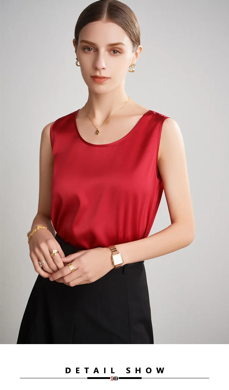 Sueño de agua. Camisetas sin mangas básicas y cómodas para mujer, 100 % seda auténtica, camiseta elegante sin mangas con cuello redondo, chalecos de verano lisos 2025, blanco, rosa, beige
