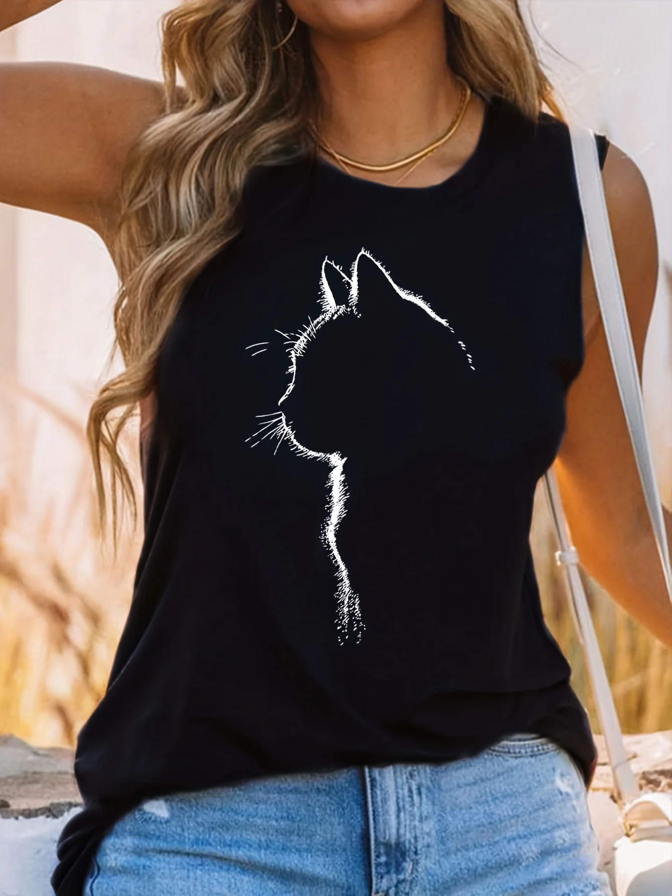 Camiseta sin mangas holgada informal grande con estampado de gato para mujer, camiseta sin mangas, chaleco ajustado, Tops, ropa de calle