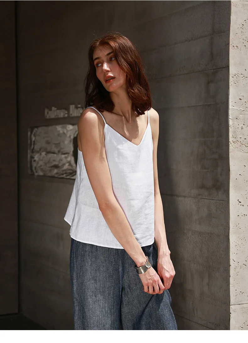 Tops de lino 100% de verano para mujer, Tops con tirantes ajustables y cuello en V sin mangas, Top corto blanco nuevo informal, ropa de calle básica a la moda, camisola