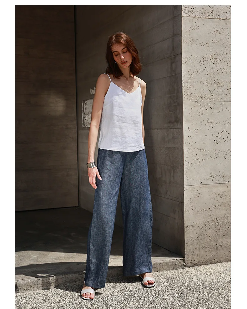 Tops de lino 100% de verano para mujer, Tops con tirantes ajustables y cuello en V sin mangas, Top corto blanco nuevo informal, ropa de calle básica a la moda, camisola