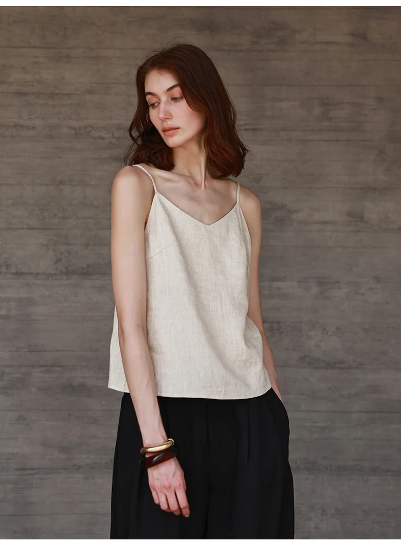 Tops de lino 100% de verano para mujer, Tops con tirantes ajustables y cuello en V sin mangas, Top corto blanco nuevo informal, ropa de calle básica a la moda, camisola