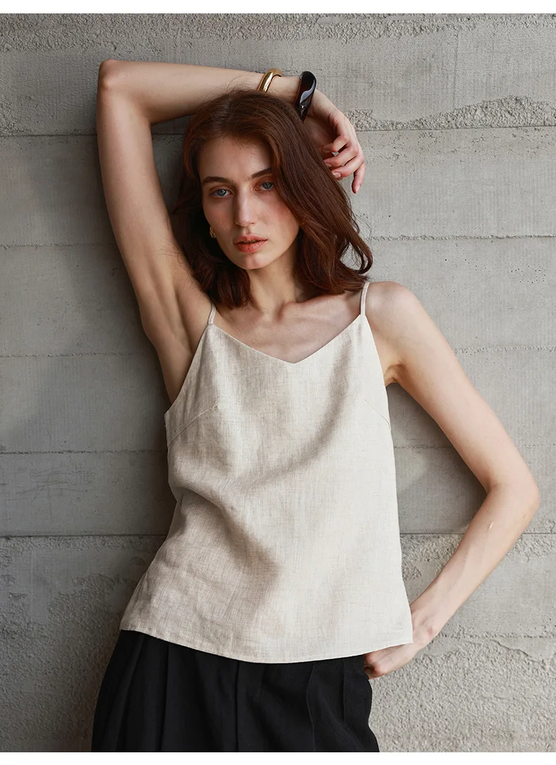 Tops de lino 100% de verano para mujer, Tops con tirantes ajustables y cuello en V sin mangas, Top corto blanco nuevo informal, ropa de calle básica a la moda, camisola