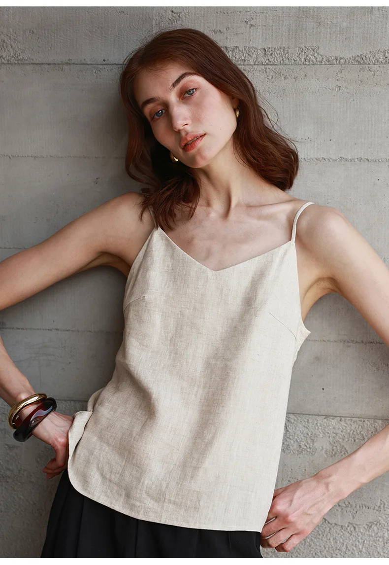 Tops de lino 100% de verano para mujer, Tops con tirantes ajustables y cuello en V sin mangas, Top corto blanco nuevo informal, ropa de calle básica a la moda, camisola