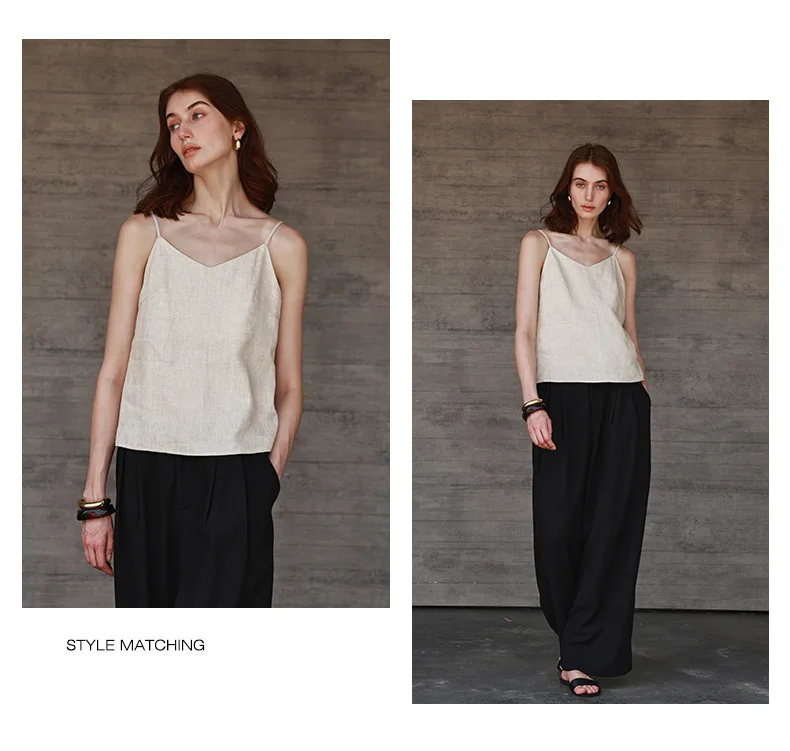 Tops de lino 100% de verano para mujer, Tops con tirantes ajustables y cuello en V sin mangas, Top corto blanco nuevo informal, ropa de calle básica a la moda, camisola