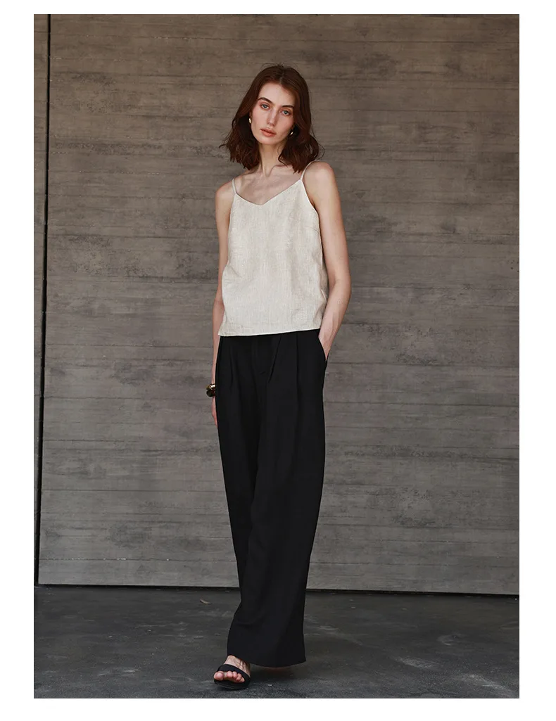Tops de lino 100% de verano para mujer, Tops con tirantes ajustables y cuello en V sin mangas, Top corto blanco nuevo informal, ropa de calle básica a la moda, camisola