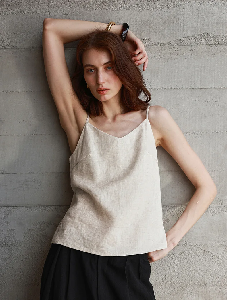 Tops de lino 100% de verano para mujer, Tops con tirantes ajustables y cuello en V sin mangas, Top corto blanco nuevo informal, ropa de calle básica a la moda, camisola