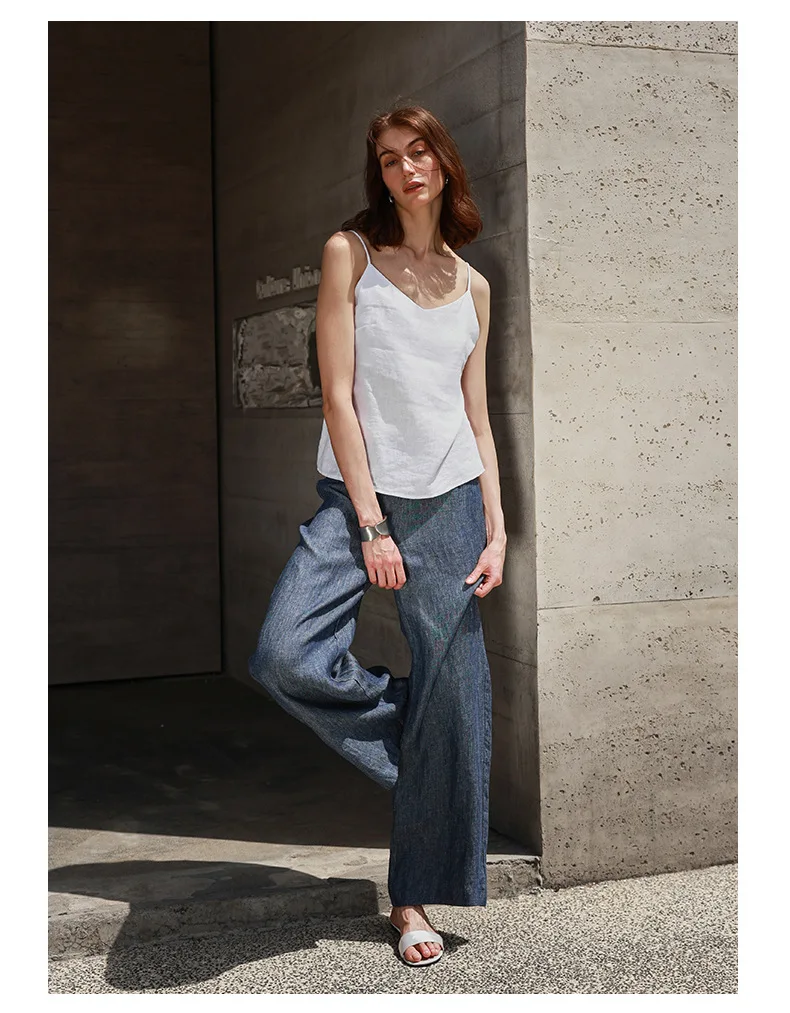 Tops de lino 100% de verano para mujer, Tops con tirantes ajustables y cuello en V sin mangas, Top corto blanco nuevo informal, ropa de calle básica a la moda, camisola