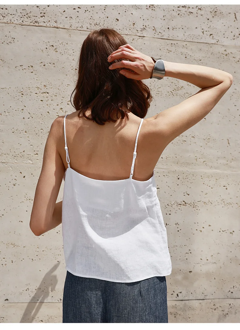 Tops de lino 100% de verano para mujer, Tops con tirantes ajustables y cuello en V sin mangas, Top corto blanco nuevo informal, ropa de calle básica a la moda, camisola