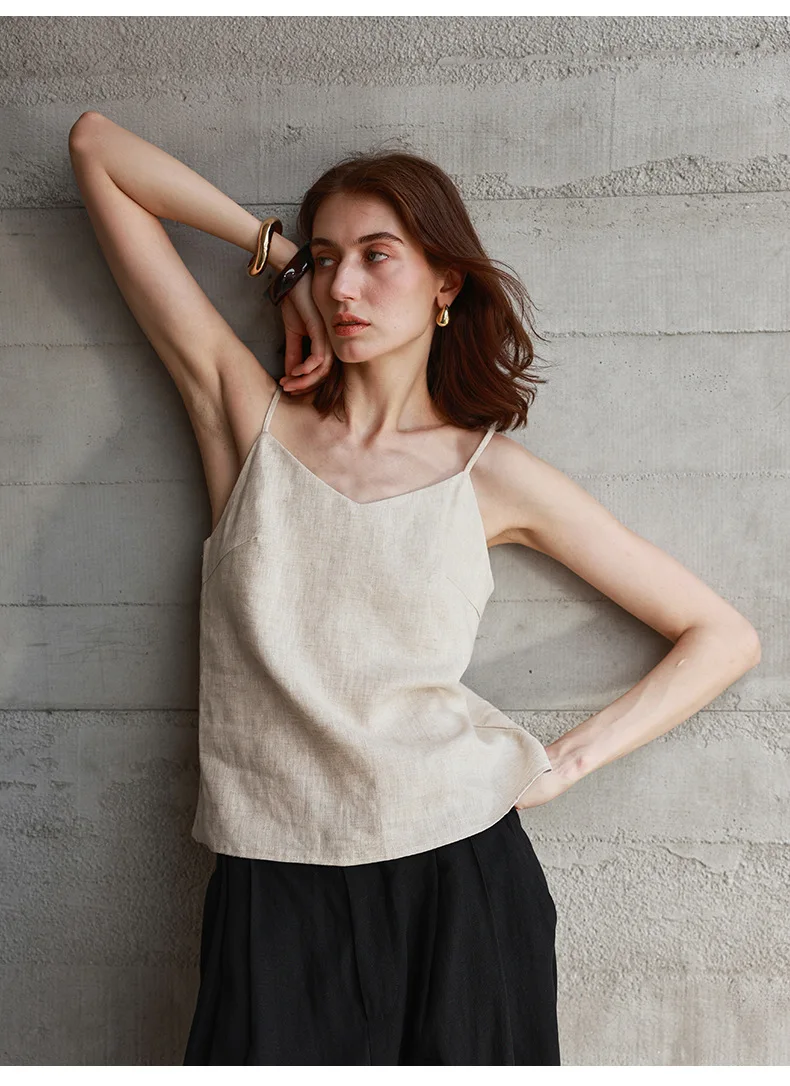Tops de lino 100% de verano para mujer, Tops con tirantes ajustables y cuello en V sin mangas, Top corto blanco nuevo informal, ropa de calle básica a la moda, camisola